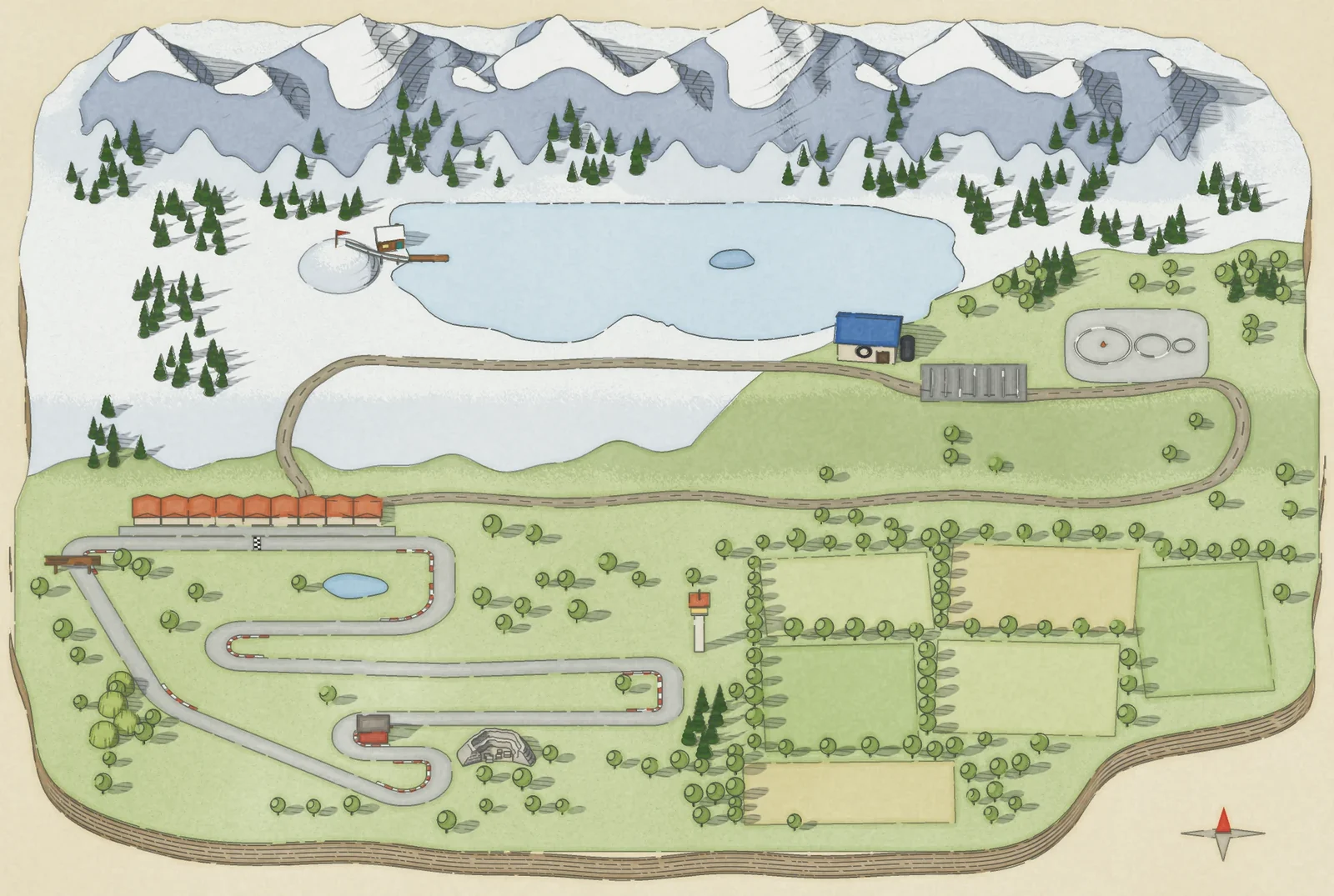 The Corner Code’s map: a kart track, a frozen lake, the tire lab and the skid pad, below snowy mountains.