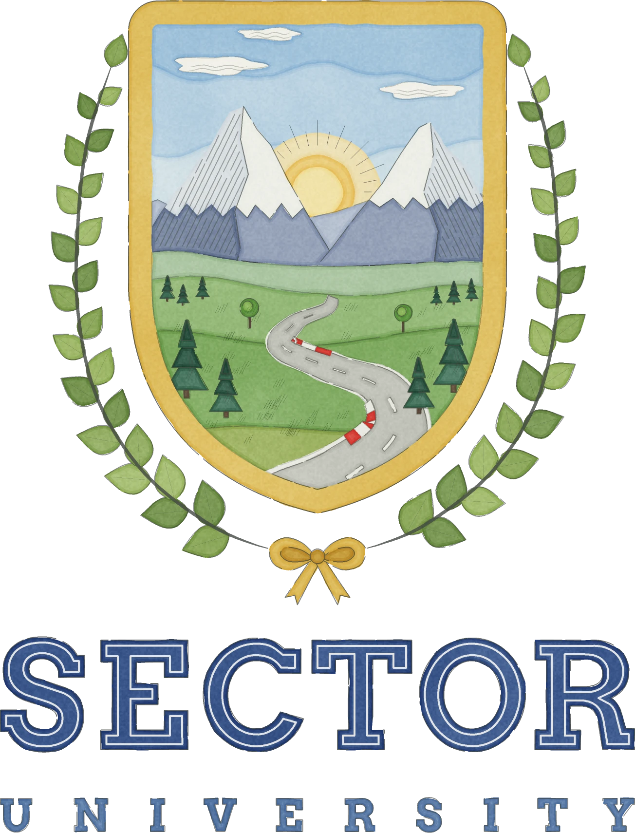 The Sector University crest: a road winding to the sun between two peaks, in a gold shield, with laurels.