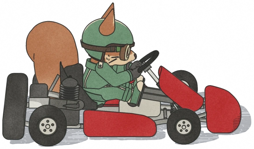 Zippy the squirrel in her helmet and goggles, in her red kart.