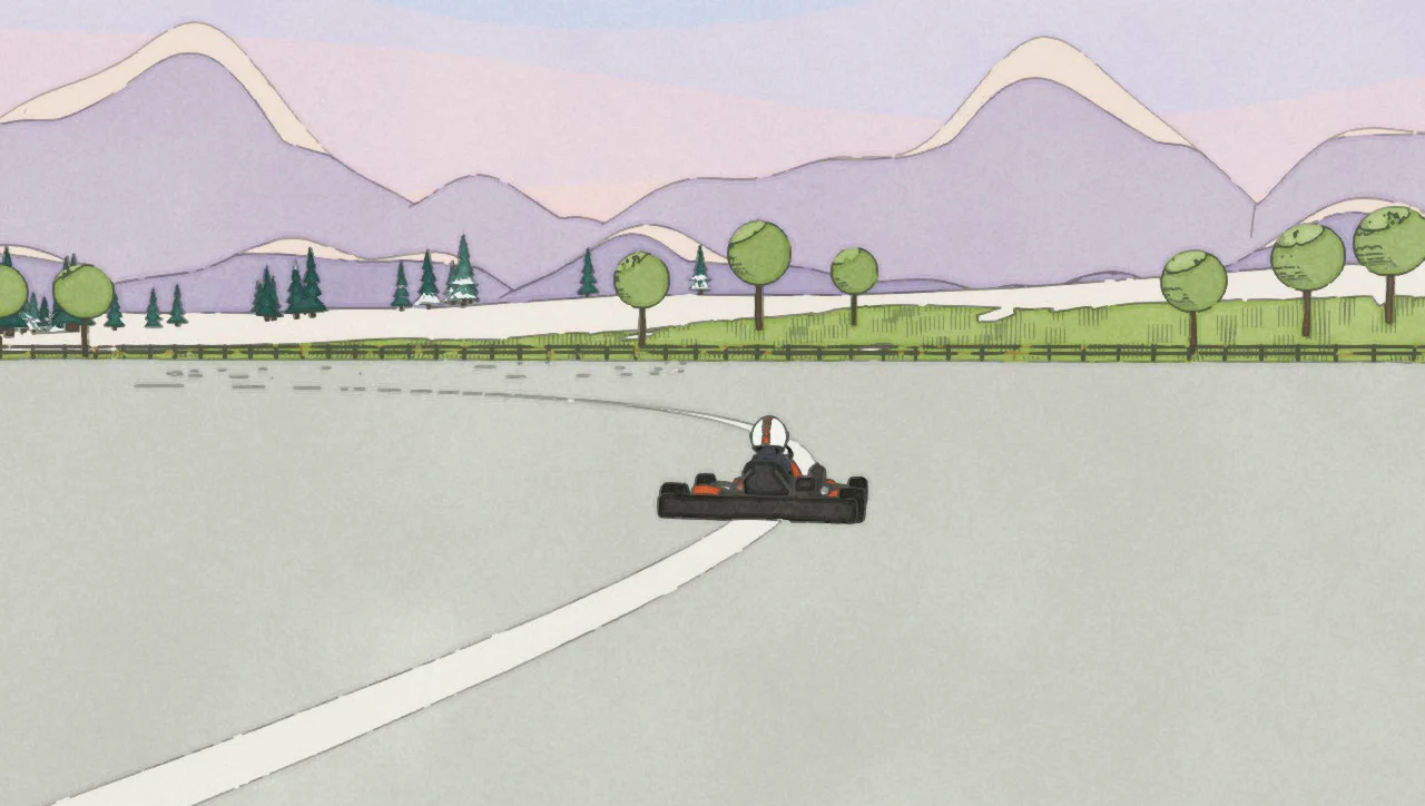 Lesson 11: the skid pad seen from low down, a kart on the big circle’s painted line, the line curving away ahead of it, hills and trees beyond.