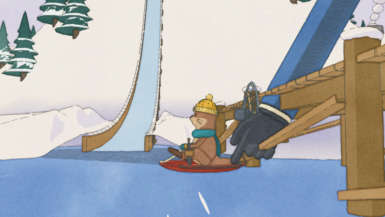 Lesson 3: Maple the otter sitting still on his sled on the frozen lake, by his dock, a big gloved finger just behind the sled.