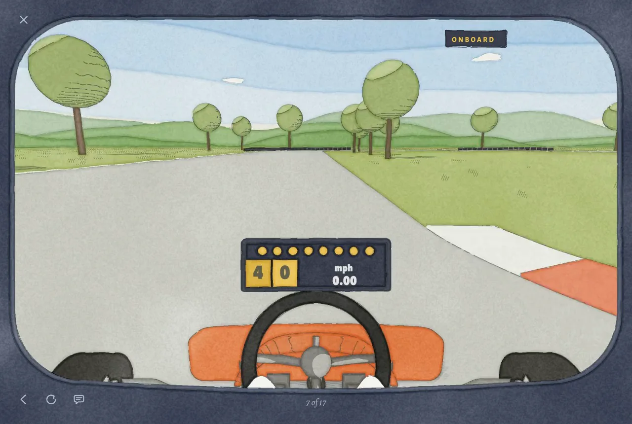 A lesson screen: the view from the driver's seat of a kart heading into a corner, with its speed, 40 miles an hour, on the dashboard.