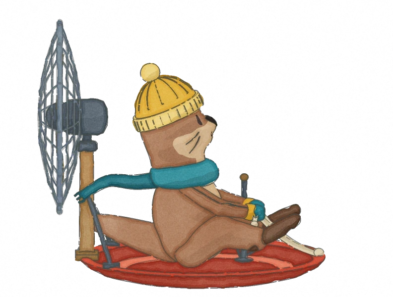 Maple the otter in his yellow hat and teal scarf, on his sled with the fan behind him.