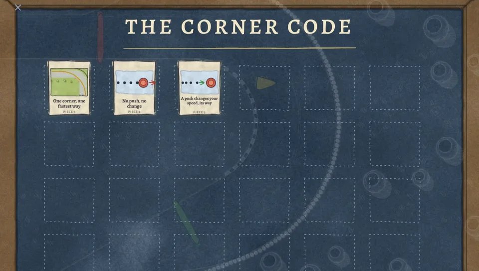 The Corner Code board: a navy chalkboard with 24 slots and the first three pieces in place.