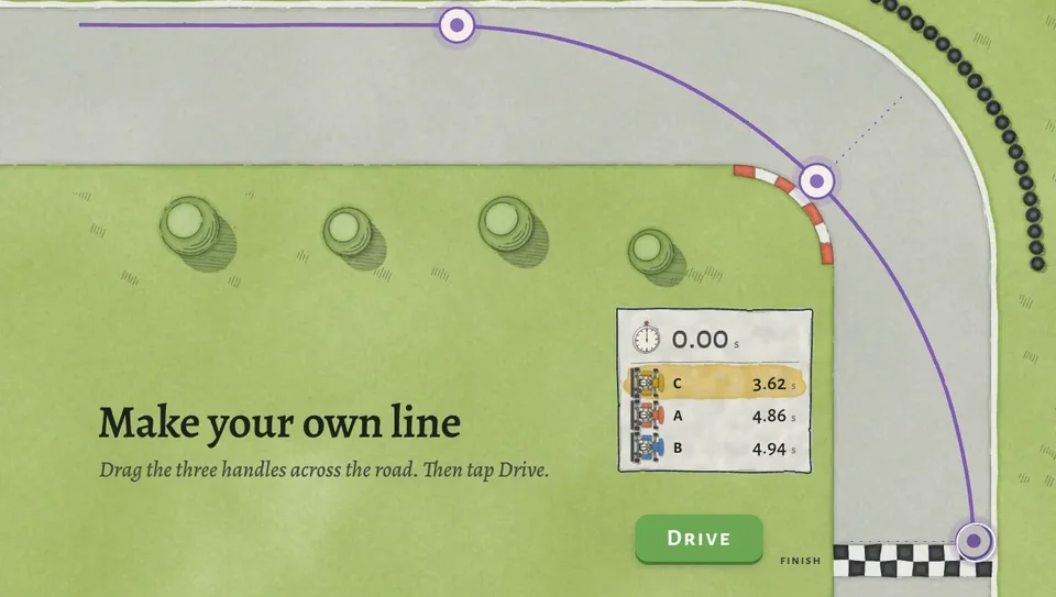 A lesson screen: “Make your own line”, a purple line dragged through a corner by three handles, a Drive button and the race times.